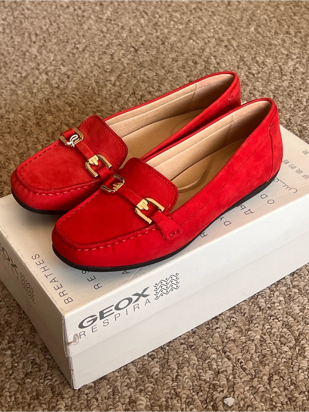 New with box Geox Annytah women's suede loafers with a gold-toned buckle detail